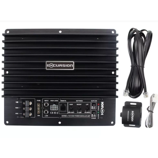 Excursion HXA-KM 1-kanałowy wzmacniacz do montażu w ściance skrzyni subwoofera lub w boczku bagażnika samochodu - moc 120/200W RMS, zdalny regulator g